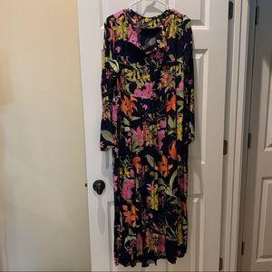 Navy Long Sleeve dark Floral Dress High waist plus